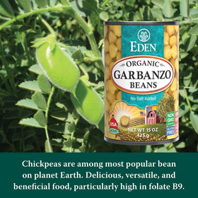 Ingredients label on Eden Garbanzo Beans highlights no salt added and organic sourcing.
