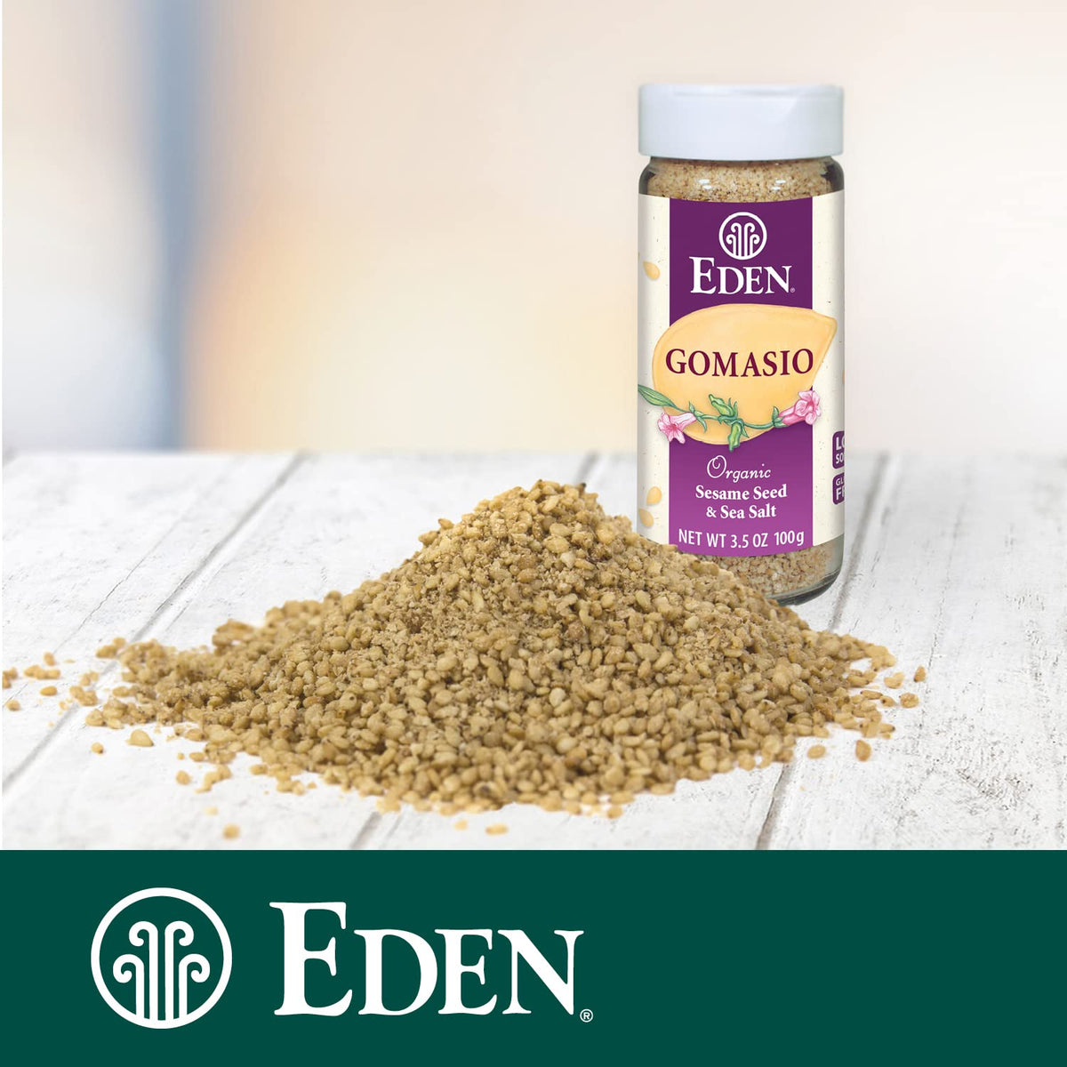 Eden Organic Gomasio 2-pack on display for everyday seasoning in a kitchen.