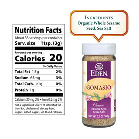 Close-up of Eden Organic Gomasio dry roasted sesame seeds delivering a nutty aroma.