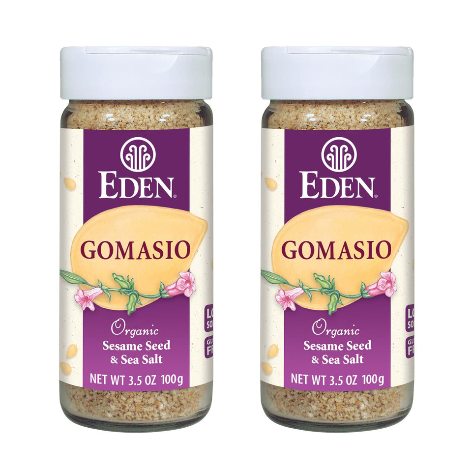 Eden Organic Gomasio bottle on counter ready to season meals with sesame and sea salt.