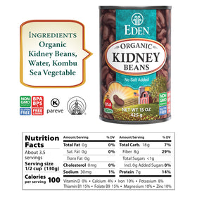 Eden Organic Kidney Beans No Salt Added back view showing nutrition and kosher certification.