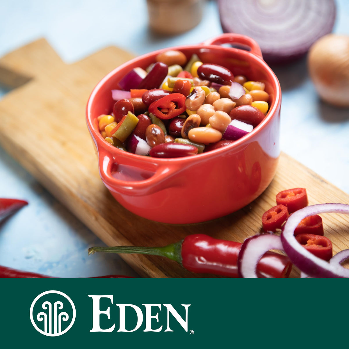Eden Organic Kidney Beans No Salt Added chili dish, rich texture and fat-free profile.