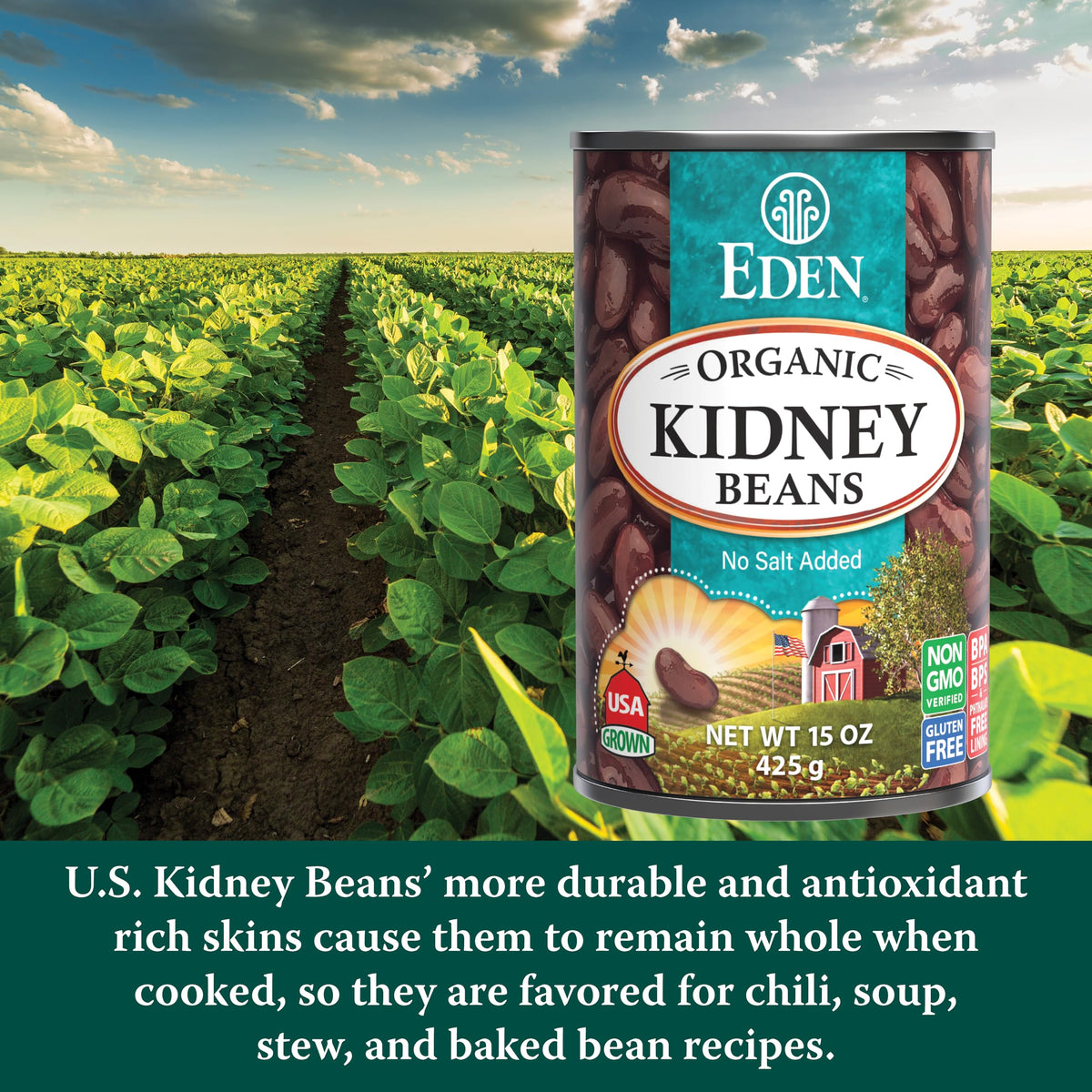 Eden Organic Kidney Beans No Salt Added ingredients page highlighting organic farming origins.