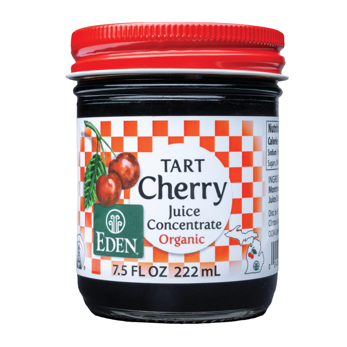 Eden Organic Montmorency Tart Cherry Juice Concentrate bottle label highlights pure flavor for beverages.