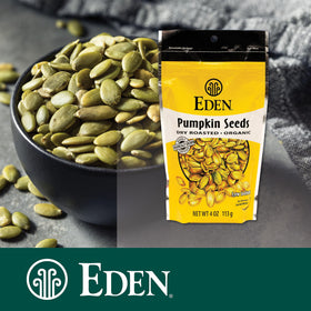 Eden organic pumpkin seeds in six-pack packaging for easy pantry storage.