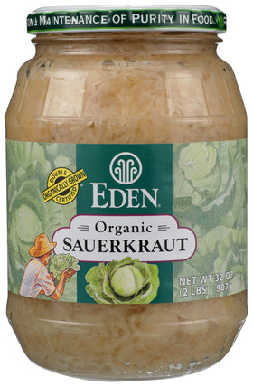 This Eden Organic Sauerkraut 32oz jar features fine-cut cabbage ready for toppings.