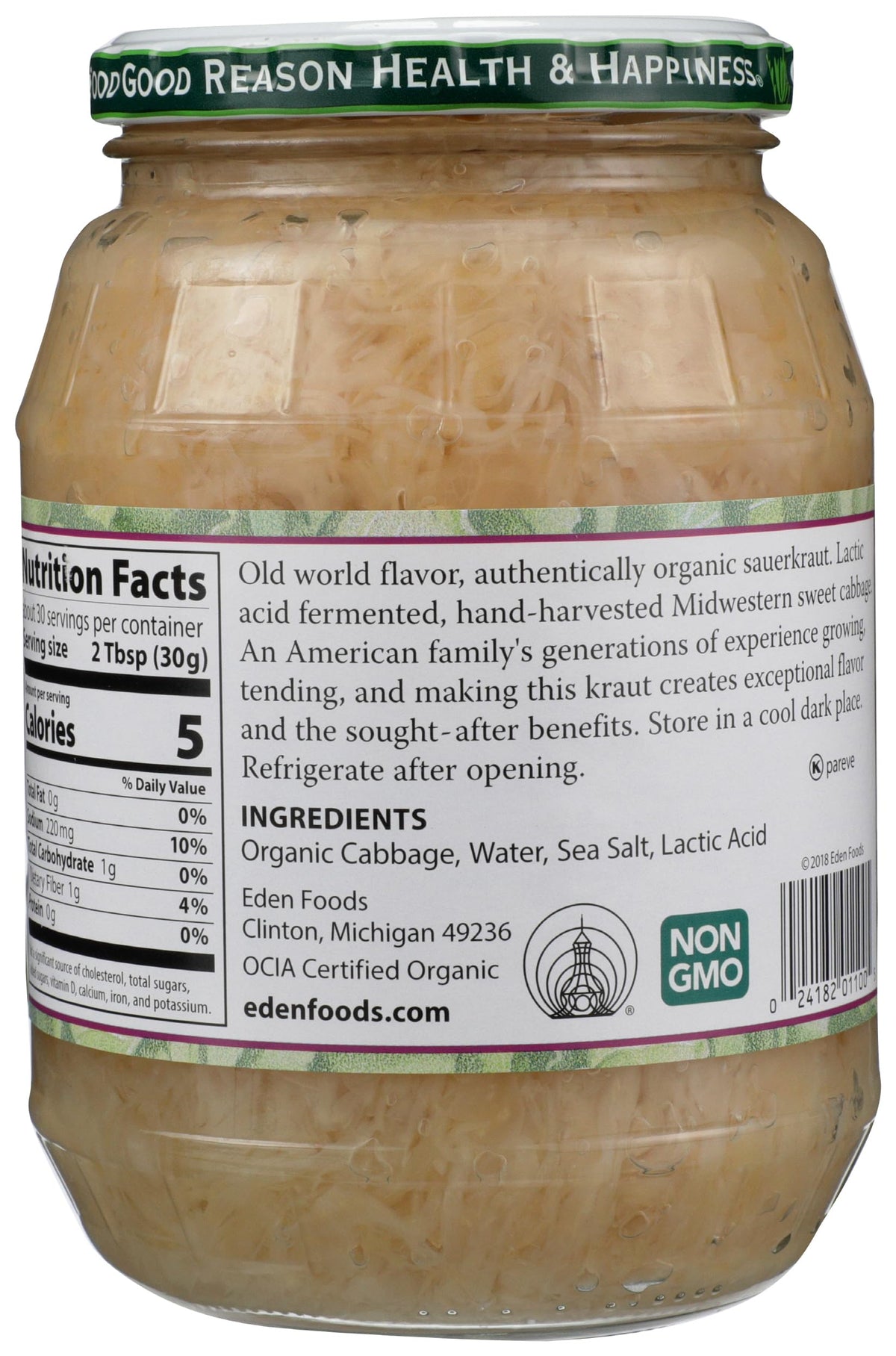 The Eden Organic Sauerkraut jar close-up highlights crisp, pale shreds.