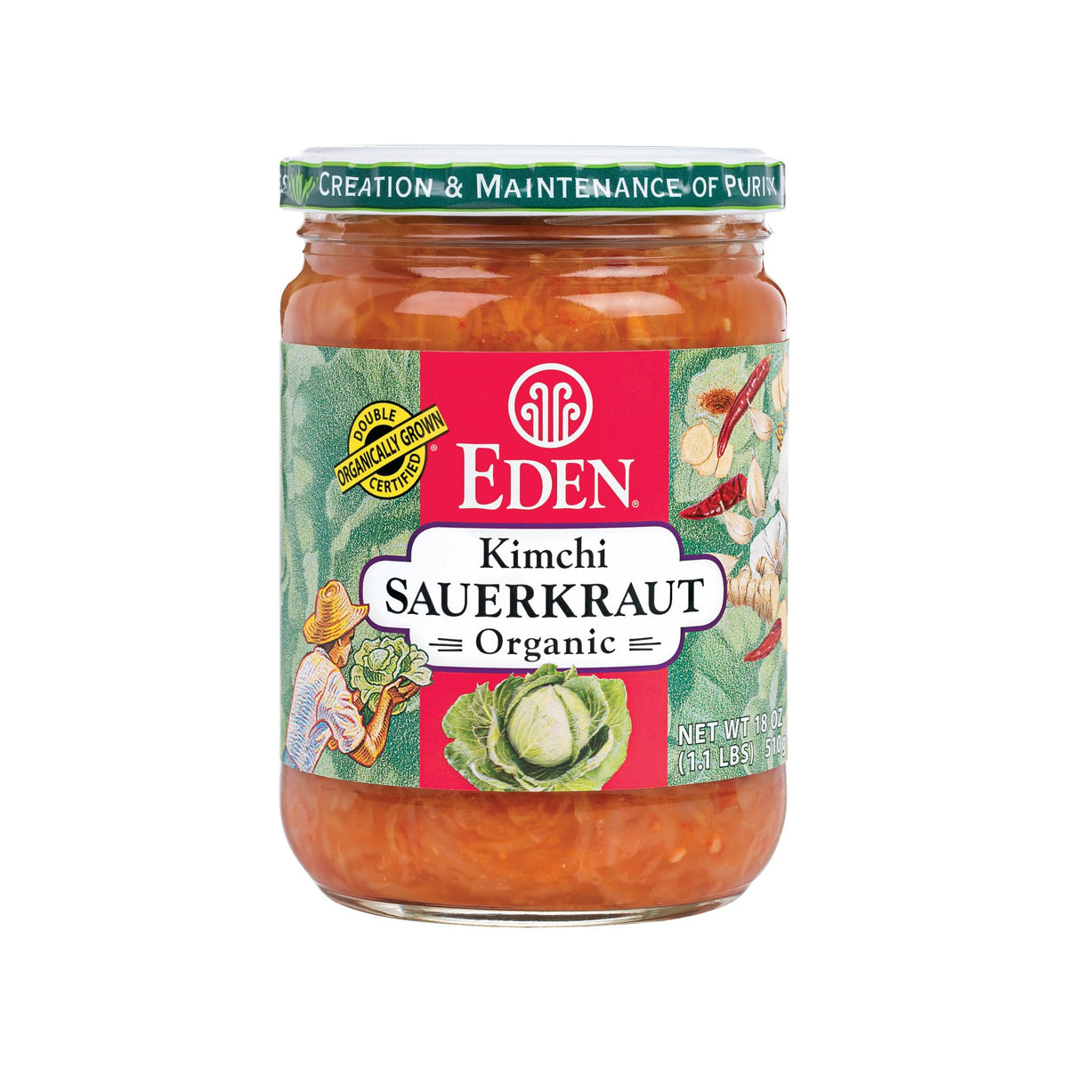 Eden Organic Sauerkraut Kimchi fine-cut jar — vibrant texture, ideal sandwich topping and side dish
