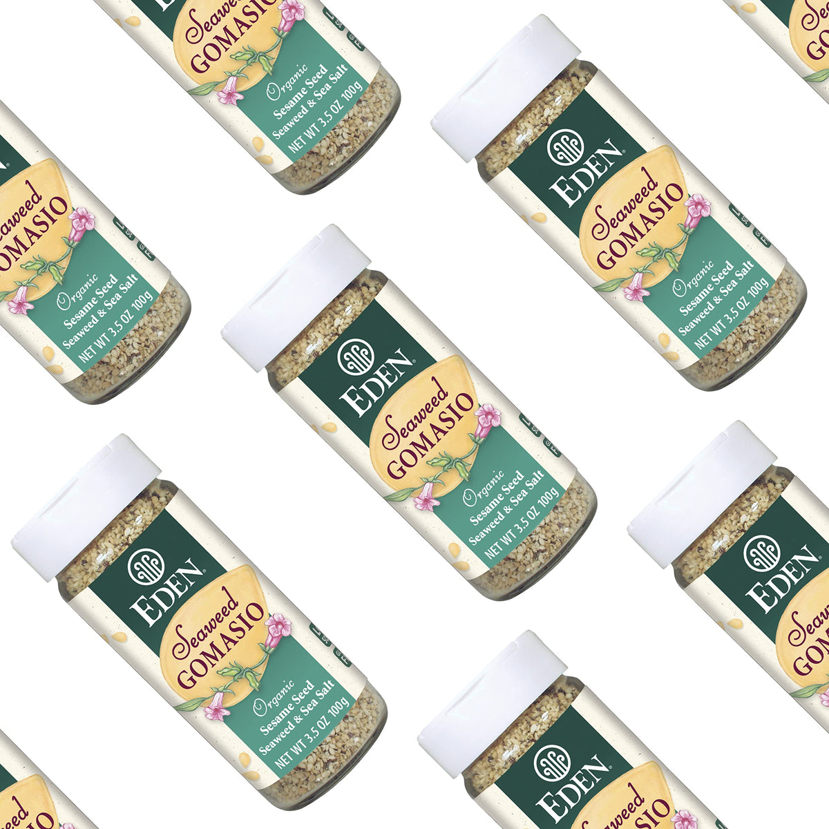 Close-up of Eden Gomasio label highlighting organic ingredients