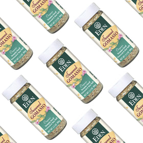 Close-up of Eden Gomasio label highlighting organic ingredients