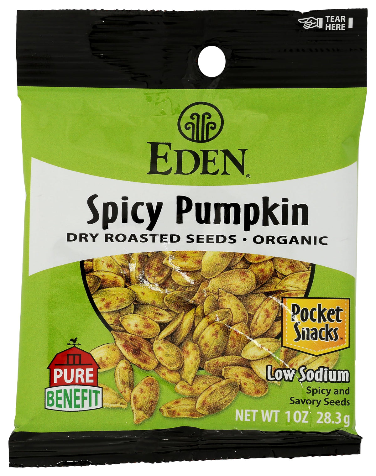 Eden Organic Spicy Pumpkin Seeds in a single-serve pack, a protein-rich gluten-free pocket snack for on-the-go.