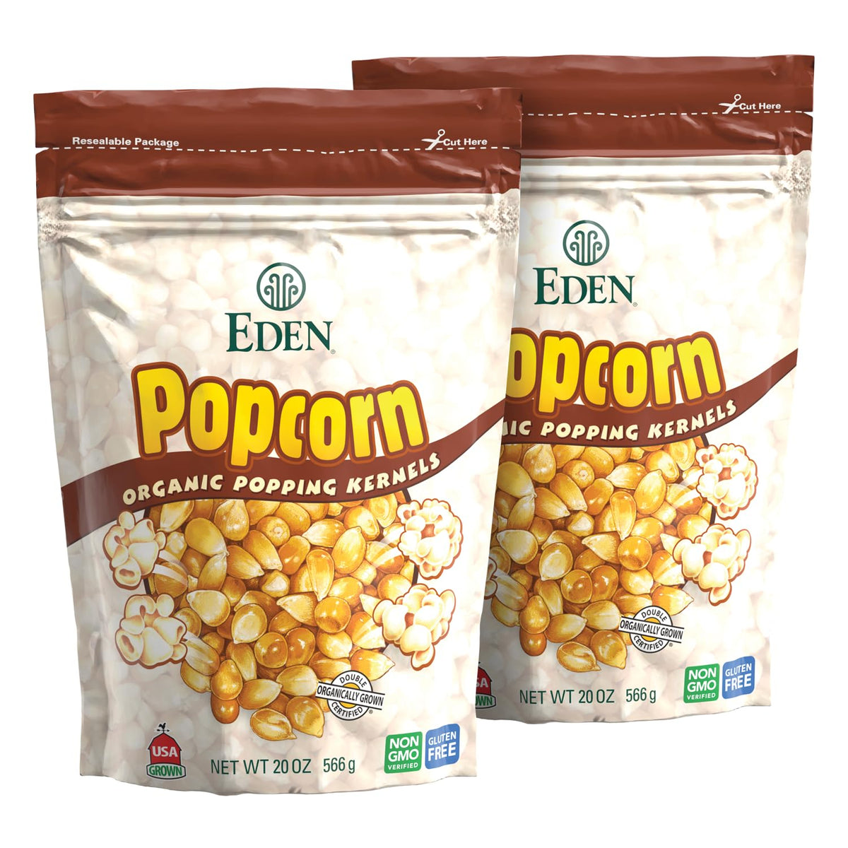 Eden Organic Yellow Popcorn Kernels two-pack on kitchen counter for easy snacking.
