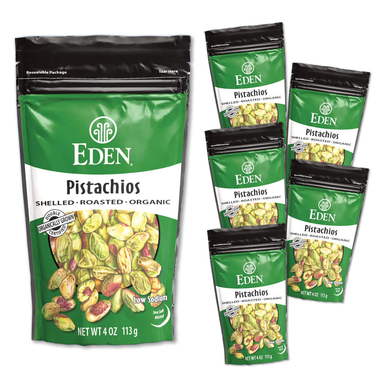 Eden Organic Pistachios closeup shows salt grains on lightly roasted nuts.