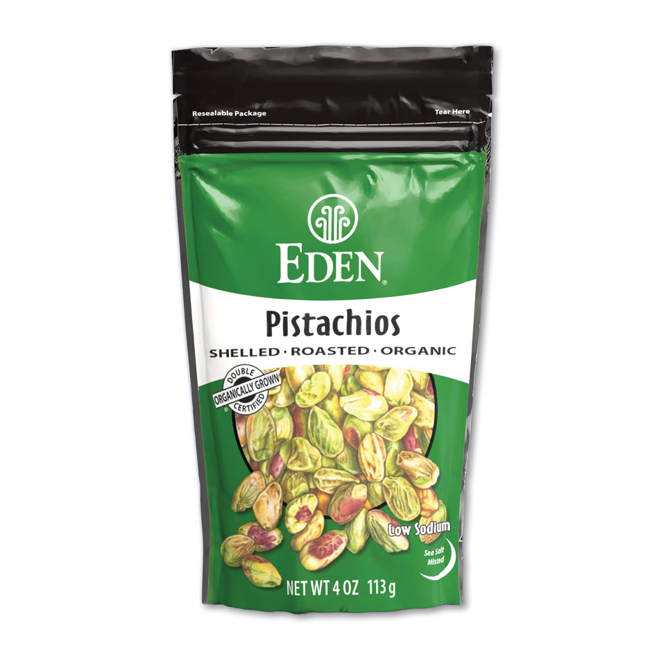 Eden Pistachios shelled and roasted in a resealable pouch for easy, on-the-go snacking.