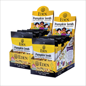 Eden pumpkin seeds pocket snack close-up, showing dry roasted texture and lightly salted flavor.