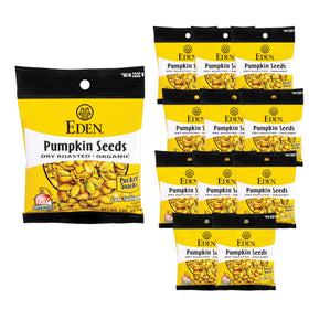 Eden pumpkin seeds pocket snack front packaging, convenient on-the-go organic snack.