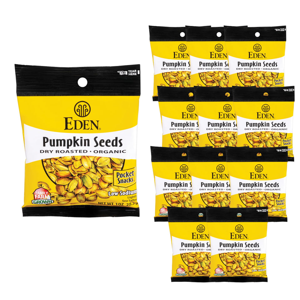 Eden pumpkin seeds pocket snack front packaging, convenient on-the-go organic snack.