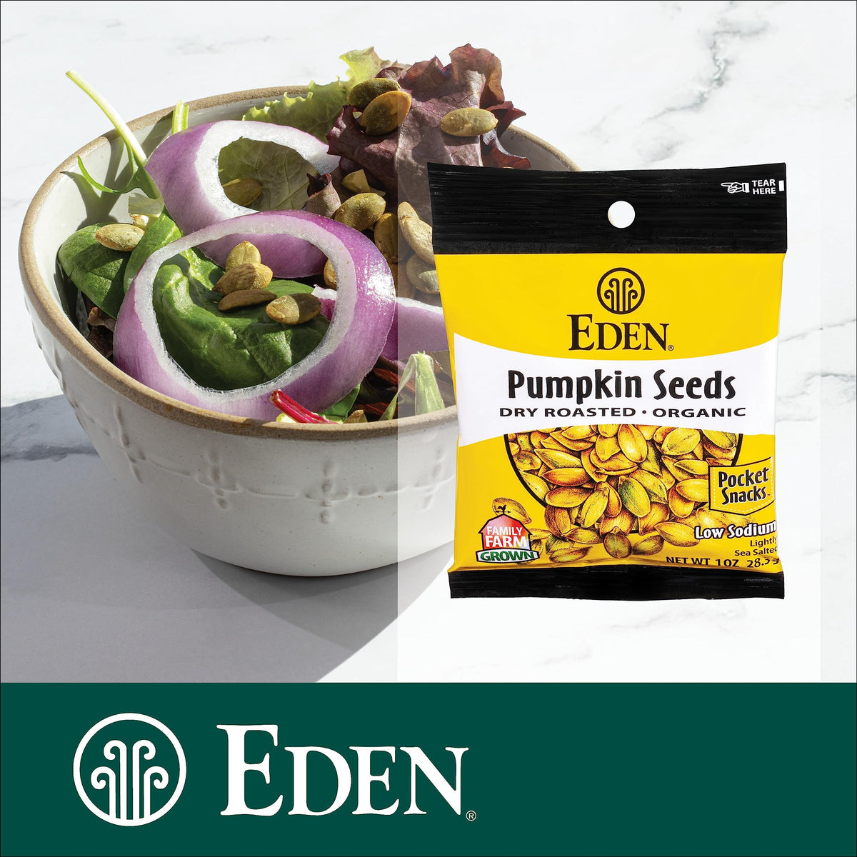 Eden pumpkin seeds pocket snack in bowl, perfect quick snack option.