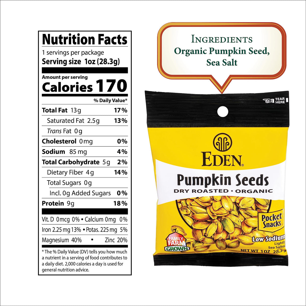Eden pumpkin seeds pocket snack on salad, adds crunch to a healthy meal.