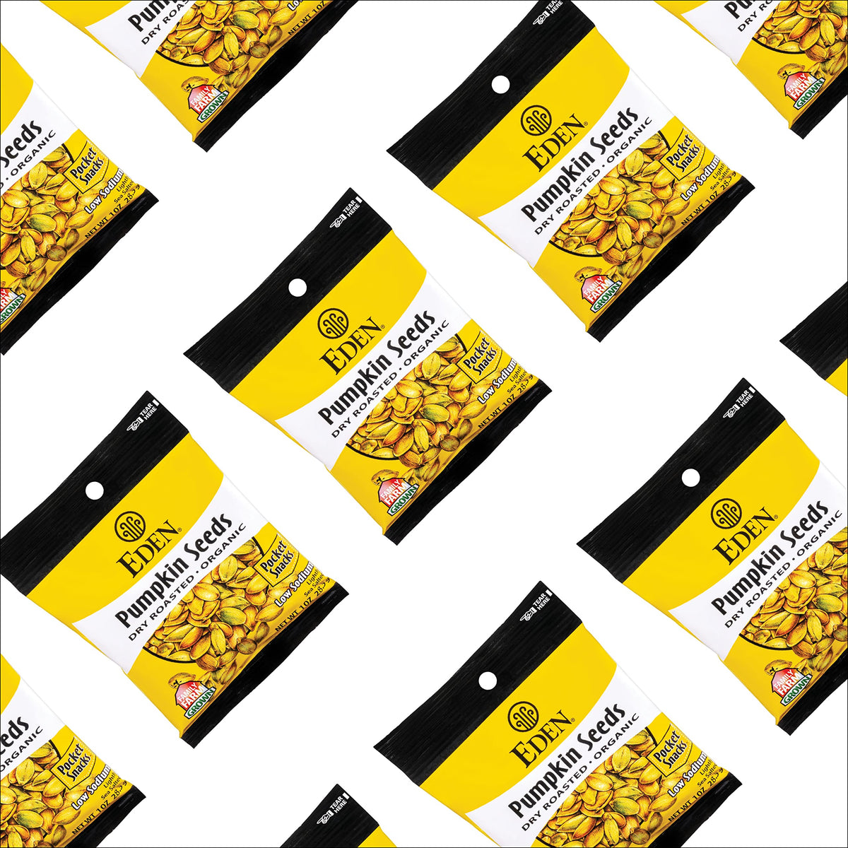Eden pumpkin seeds pocket snack in retail display, easy to spot among healthy options.