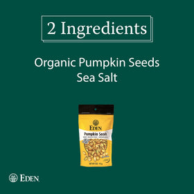 Close-up of resealable Eden pumpkin seeds bag showing fresh gluten-free snack.