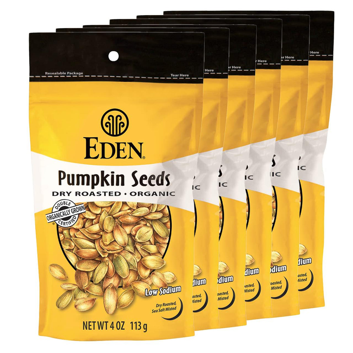 Eden organic pumpkin seeds shelled, dry roasted with light sea salt for a crunchy snack.