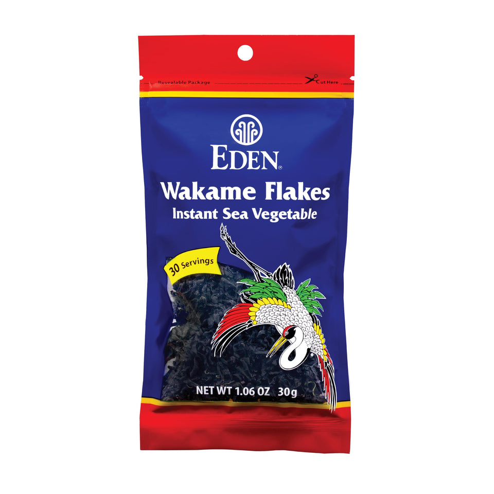EDEN Wakame Flakes packaging on counter, ideal for quick meal prep.