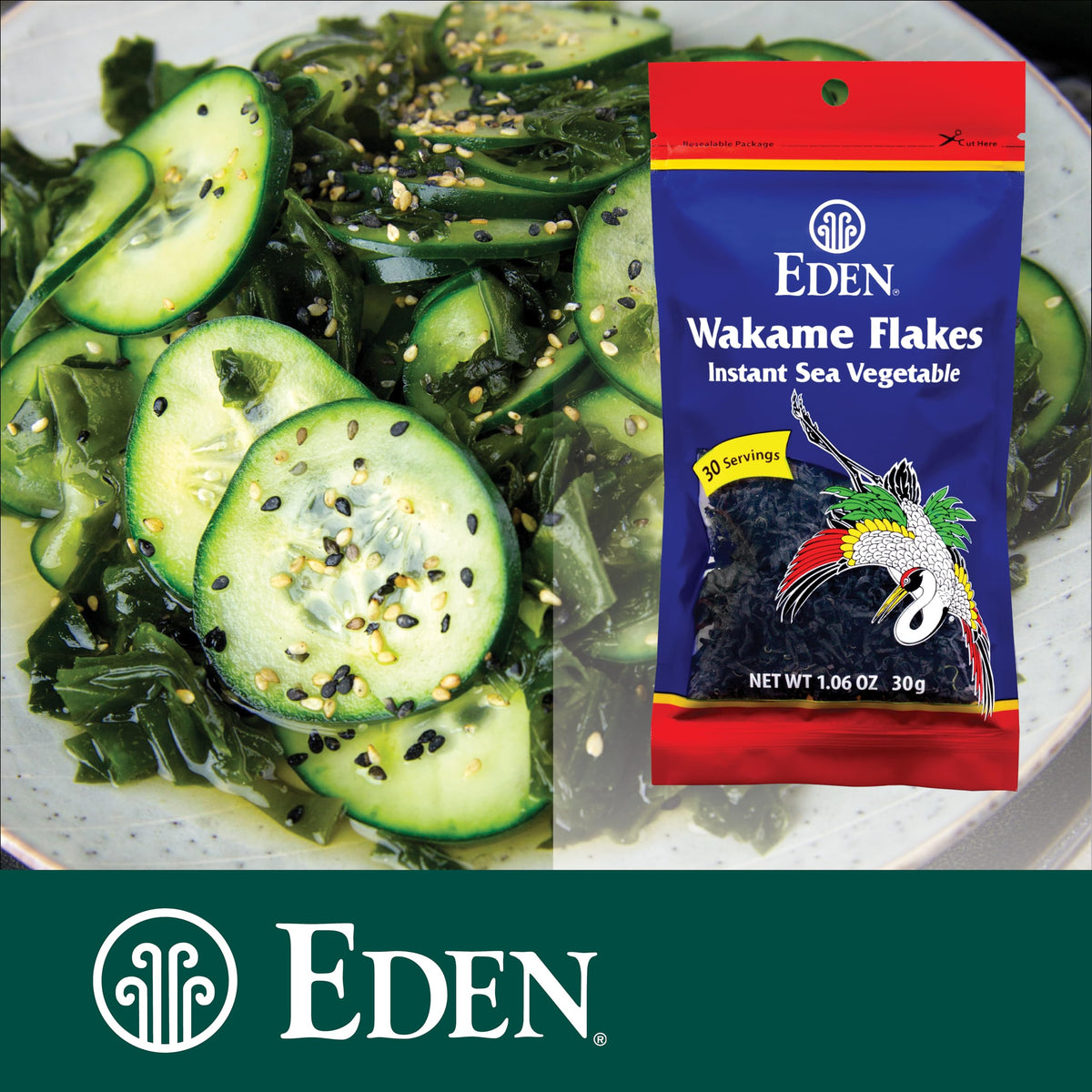 EDEN Wakame Flakes soaking for 2 minutes, turning vibrant green and tender.