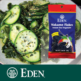 EDEN Wakame Flakes soaking for 2 minutes, turning vibrant green and tender.