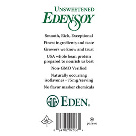 Eden Edensoy product beside ingredients, ideal base for smoothies and baking.