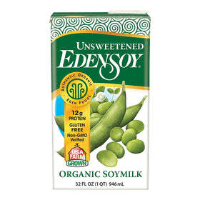 Eden Edensoy unsweetened bottle pour shows creamy texture for cereal and coffee.