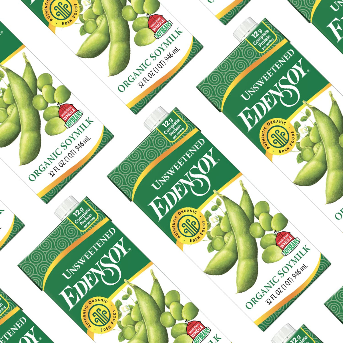 Edensoy unsweetened soymilk shelf-stable packaging in pantry