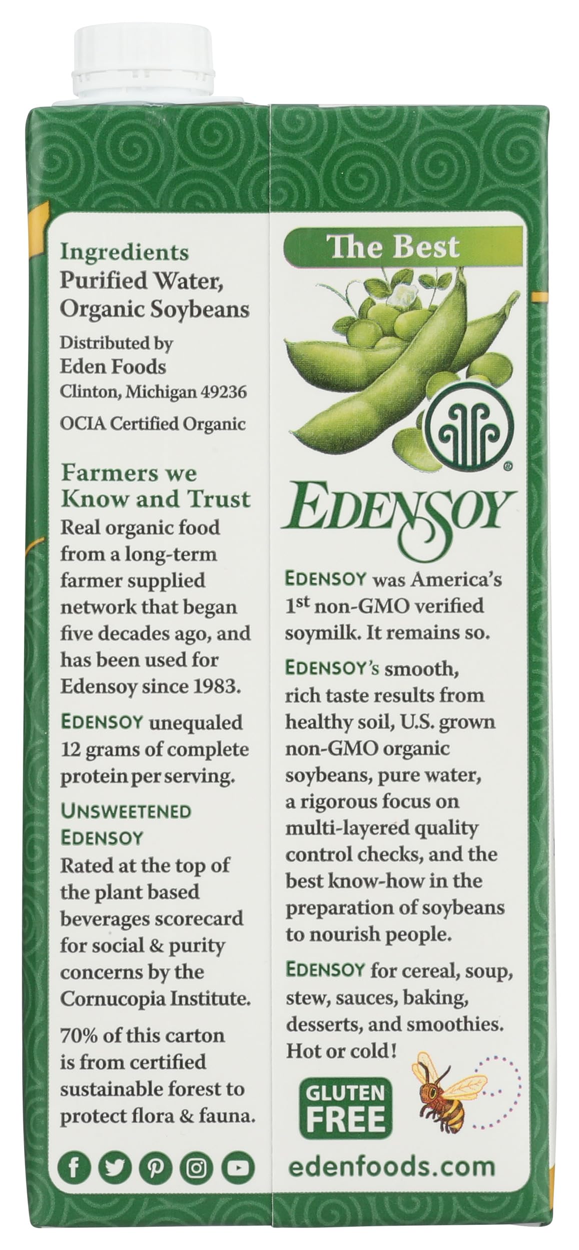 Eden Edensoy label emphasizes non-GMO and organic standards for quality.