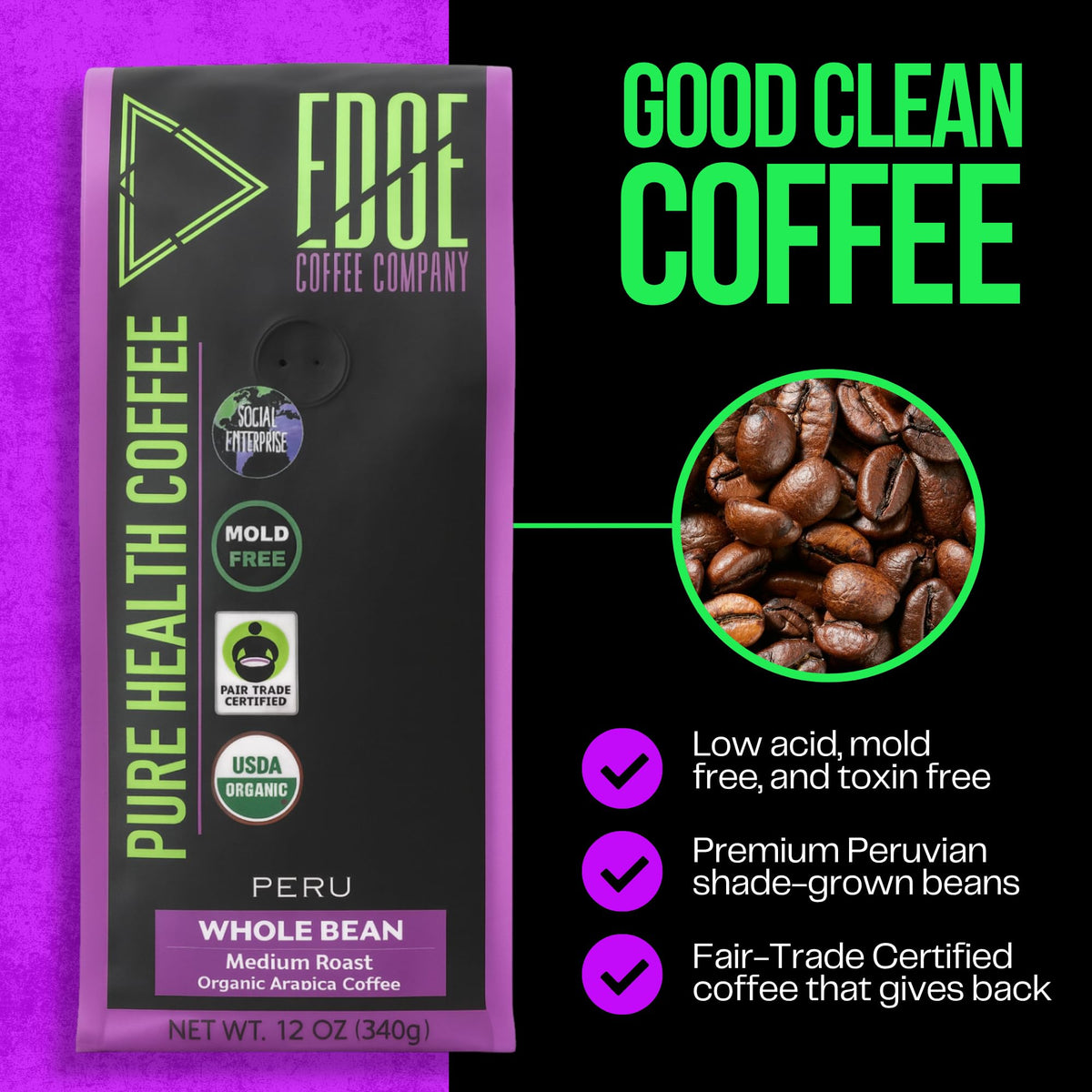 Edge Coffee mold-free Pure Health coffee beans close-up highlighting shade-grown sourcing.