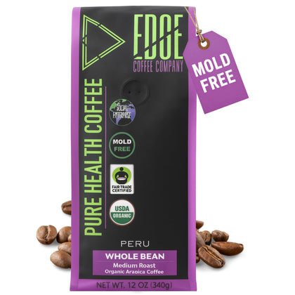 Edge Coffee mold-free Pure Health packaging shows premium organic beans for a clean morning boost.