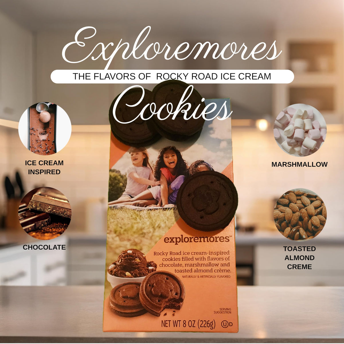 Edgell House Exploremores Cookies close-up: chocolate, marshmallow, almond creme for dessert or treat.