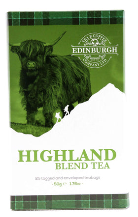 Edinburgh Highland Blend Tea packaging showcases premium Scottish branding for elegant gifting and everyday sipping.