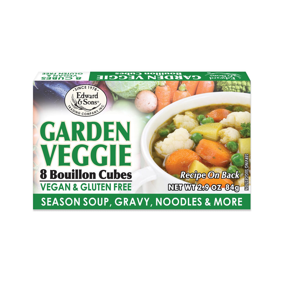 Edward & Sons Garden Veggie Bouillon Cubes package front, ready for quick broth.