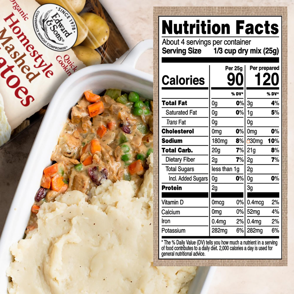 Edward and Sons Organic Homestyle Mashed Potatoes microwaved for fast meals