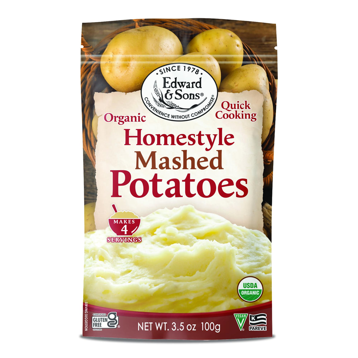 Edward and Sons Organic Homestyle Mashed Potatoes pack-6 shows fluffy texture in minutes