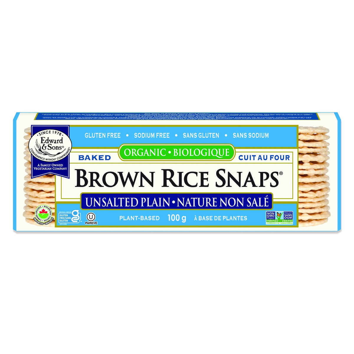 Edward & Sons Organic Unsalted Brown Rice Snaps, oven baked and crisp