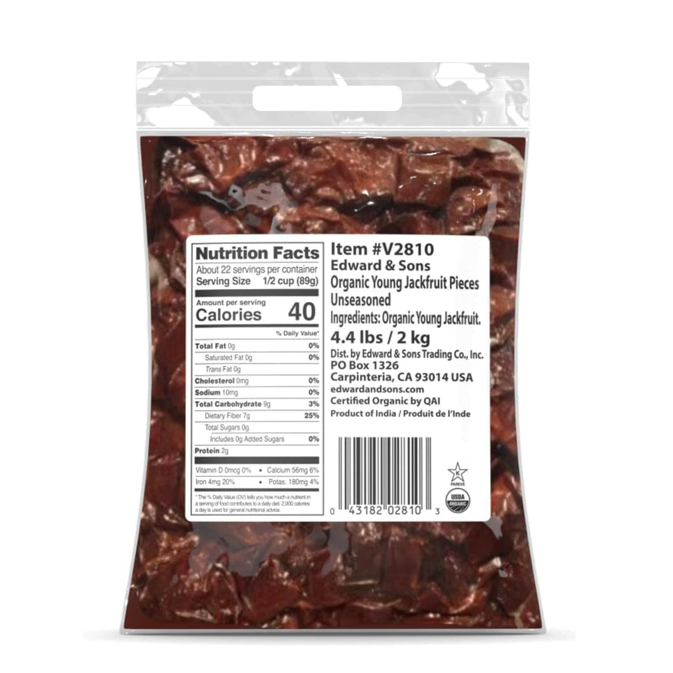 Edward & Sons Organic Young Jackfruit packaging highlights convenience and organic sourcing.