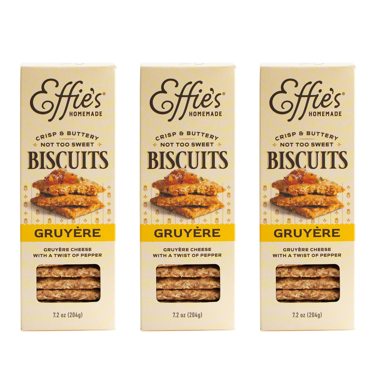 Effie's Gruyère biscuits 3-pack packaging on shelf, ideal for gifting or entertaining.