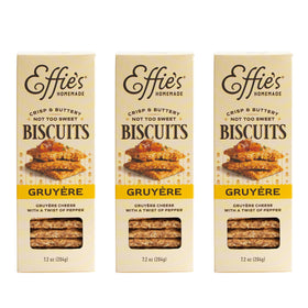 Effie's Gruyère biscuits 3-pack packaging on shelf, ideal for gifting or entertaining.