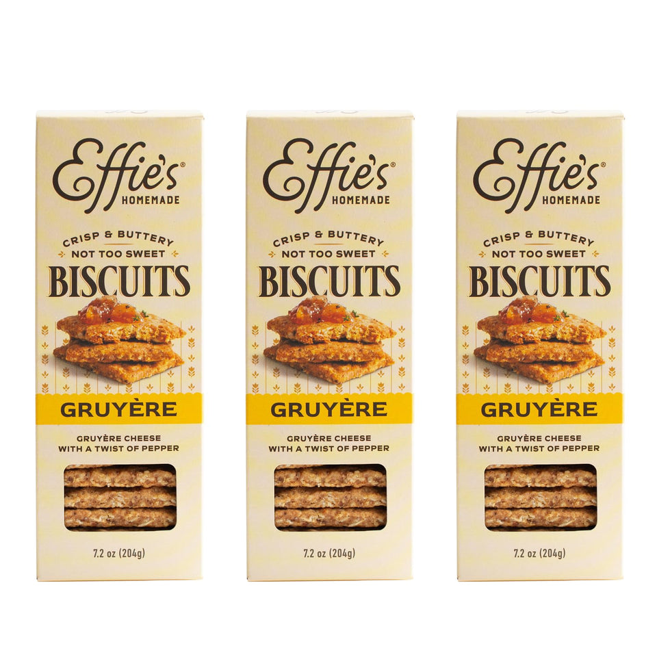 Effie's Gruyère biscuits 3-pack packaging on shelf, ideal for gifting or entertaining.