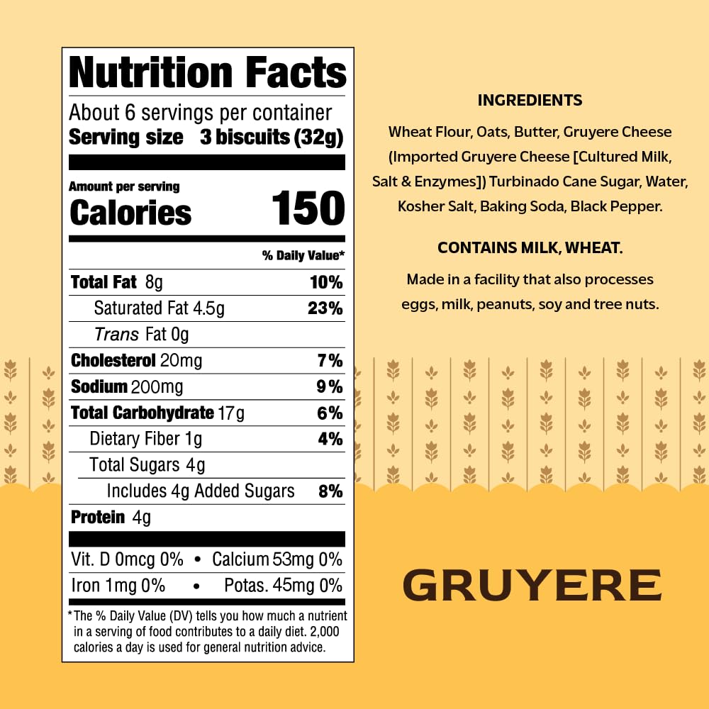 Effie's Gruyère biscuits ingredients label, featuring real butter and natural ingredients.