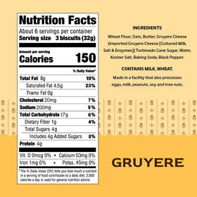 Effie's Gruyère biscuits ingredients label, featuring real butter and natural ingredients.