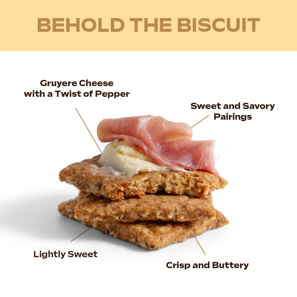 Effie's Gruyère biscuits with prosciutto on a cheese board, perfect pairing.