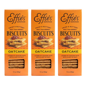 Effie's Oatcakes 3-pack close view shows crisp buttered layers for tea time.