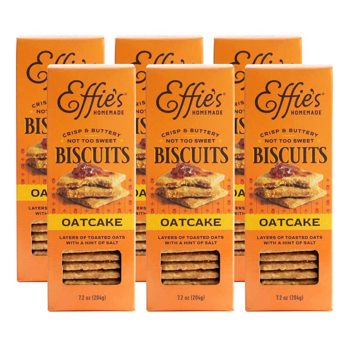Effie's Oatcakes 6-pack front view, crisp buttered layers with a hint of salt.